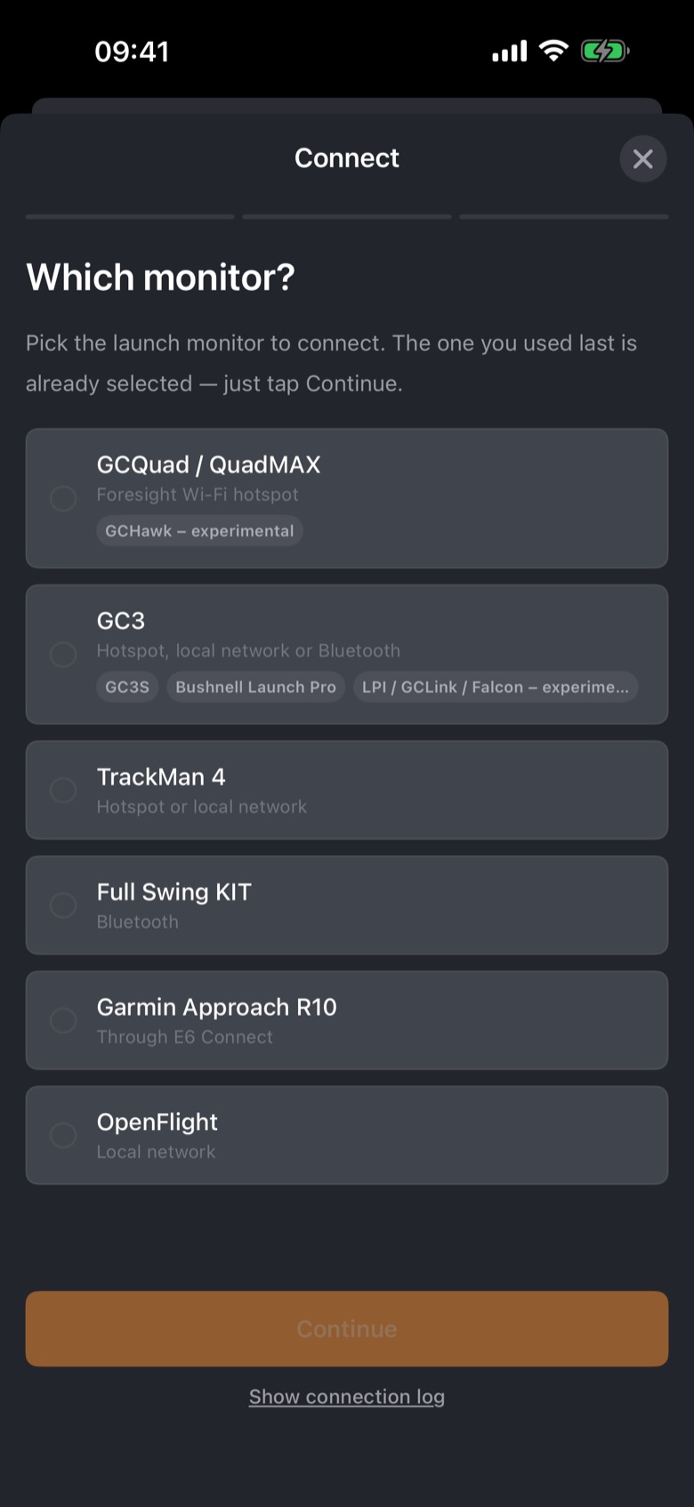 The connect screen: pick your Foresight GCQuad / QuadMAX or GC3 — with the GC3S and Bushnell Launch Pro — TrackMan 4, Full Swing KIT, Garmin Approach R10 or OpenFlight launch monitor