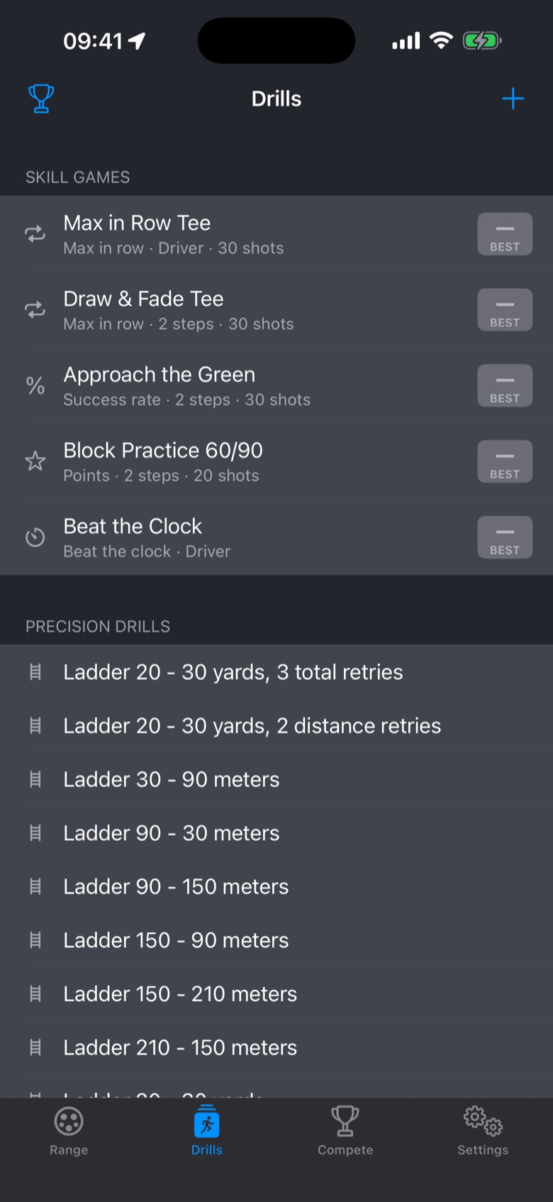 The Drills tab on iPhone: five Skill Games – Max in Row Tee, Draw & Fade Tee, Approach the Green, Block Practice, Beat the Clock – above the Precision Drills
