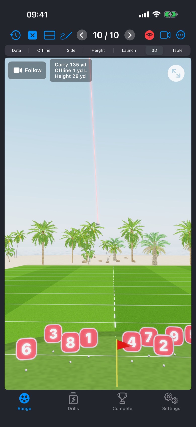 3D Range, ocean scene in the comic look with the Follow camera: the computed flight of the tenth shot as a thin line dropping toward the flag, the landing spots of the session marked with shot numbers