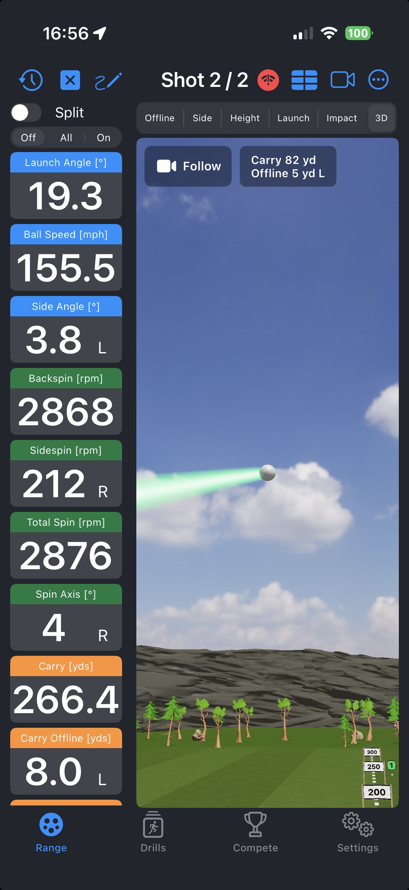 3D Range, mountain scene with the Follow camera: the ball in mid-flight with its tracer, the shot's data tiles in a column beside it