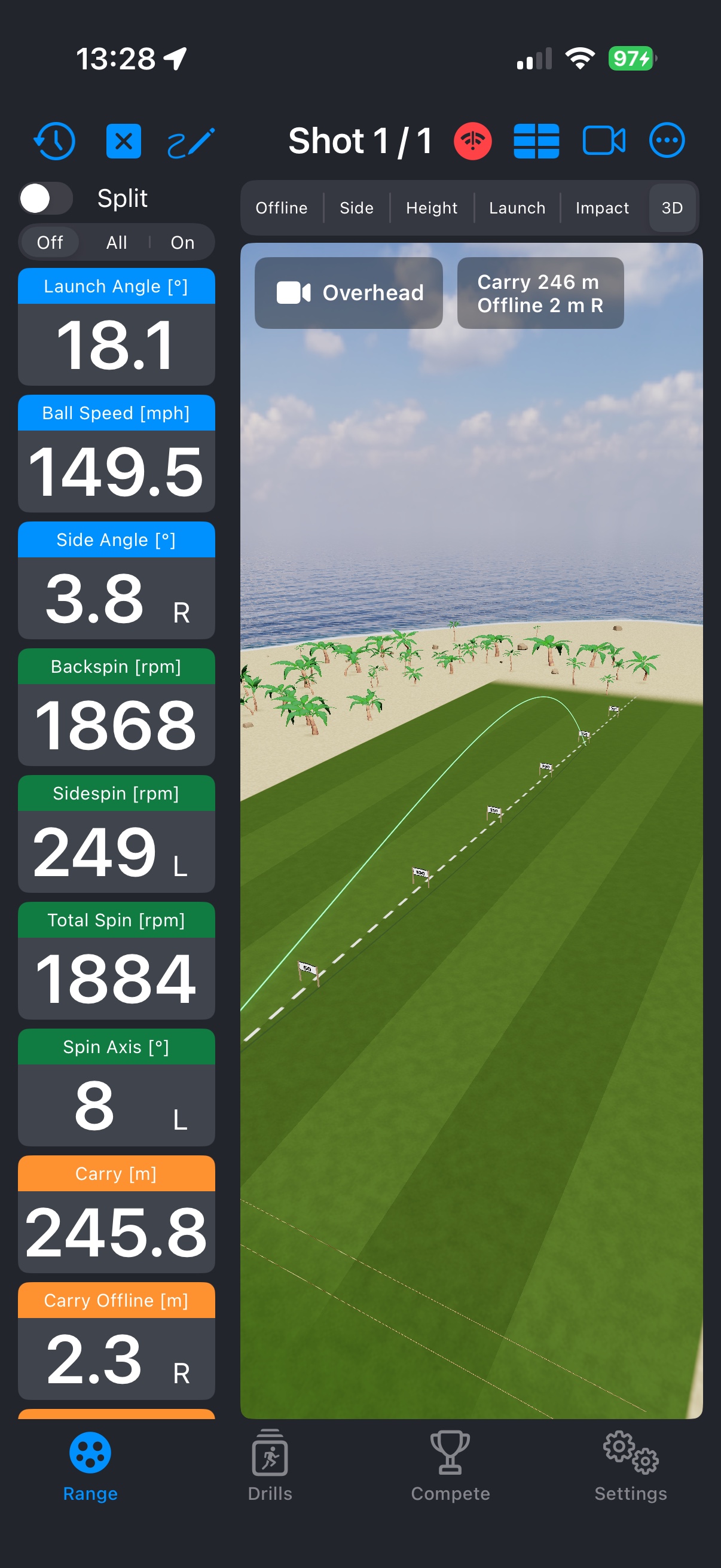 TrajectoryX 3D Range — the new ocean scene (Overhead camera): the same shot over a palm-lined beach and open sea