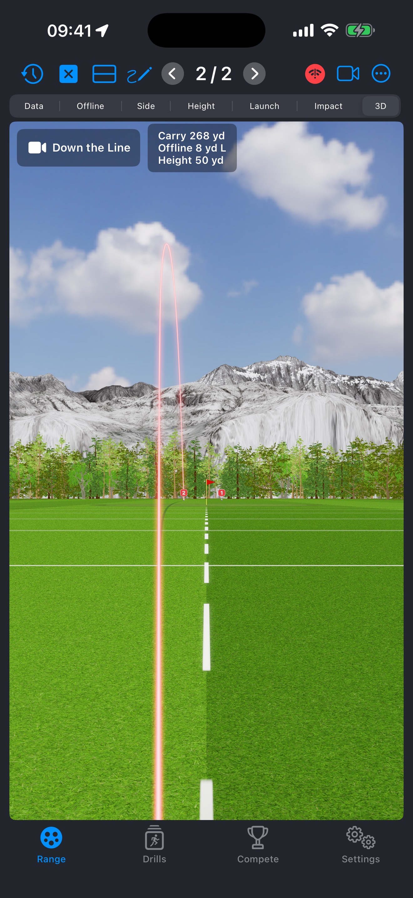 TrajectoryX 3D Range — the classic mountain scene (Down the Line camera): a shot replayed with the live data points