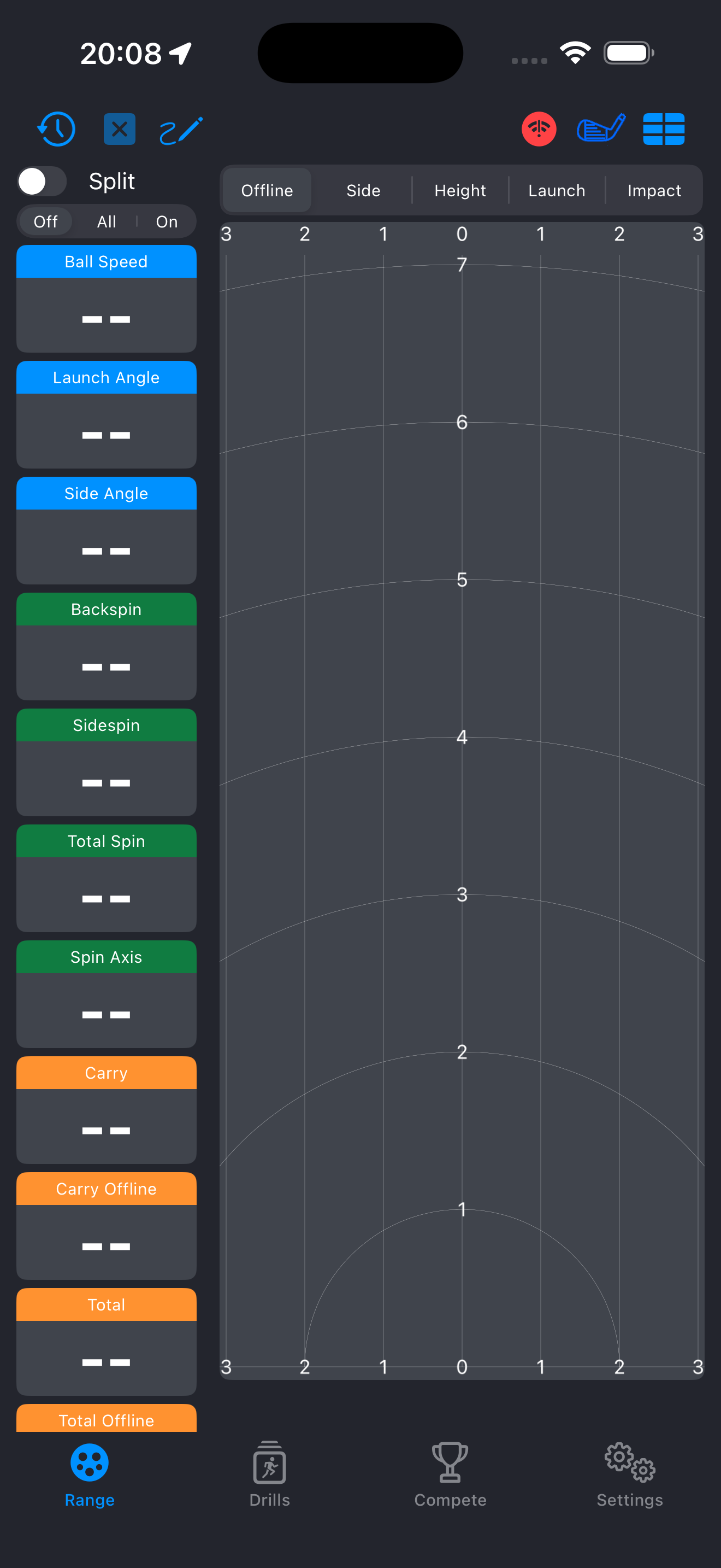 TrajectoryX range view with live ball and club data on iPhone