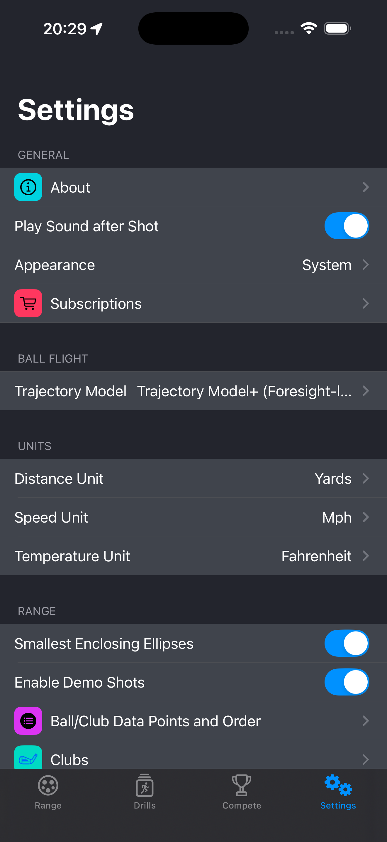 Ball flight model and settings